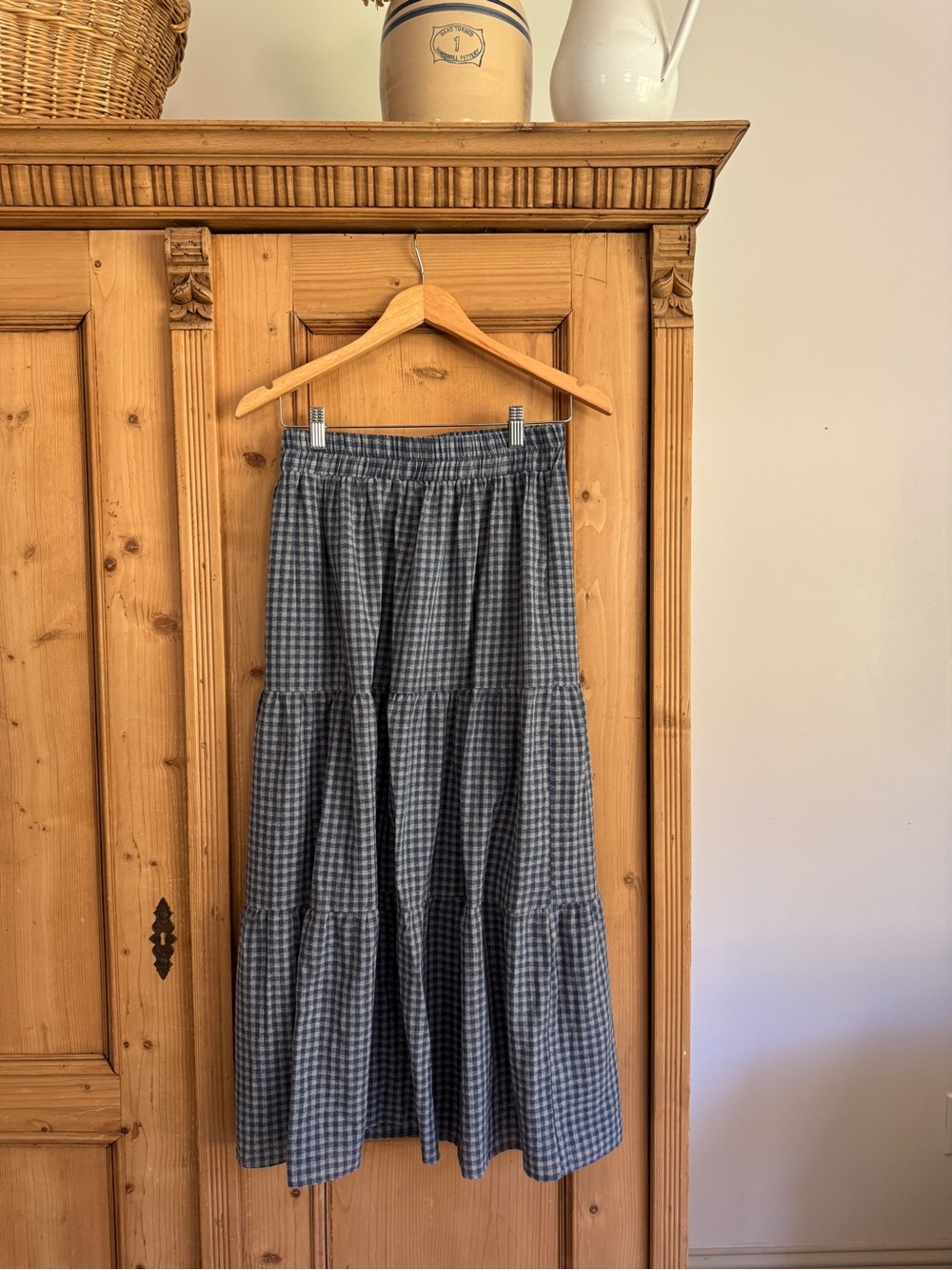Blue Gingham Tiered Maxi Skirt — Elastic Waist